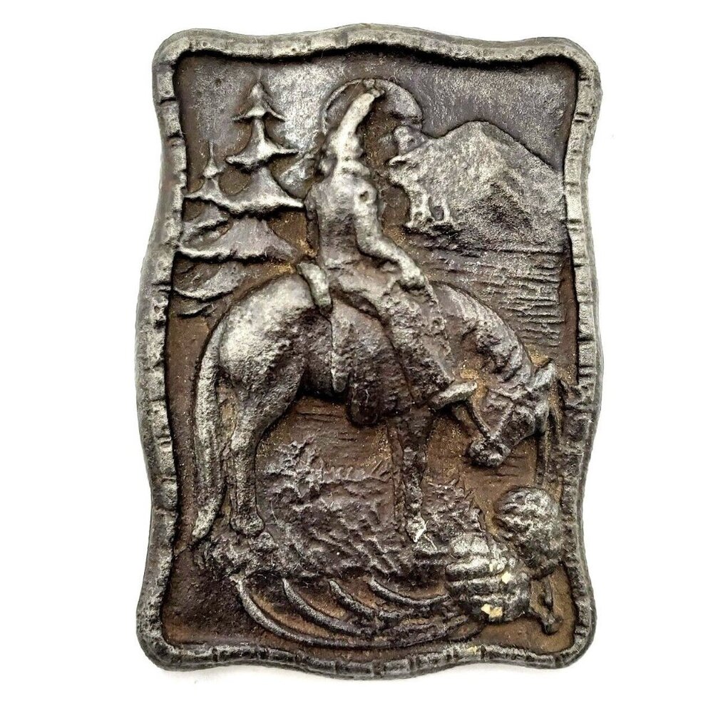 Antique Metal Lid or Plaque of a Lone Native on a Horse Mountains Trees 4 x 3 in